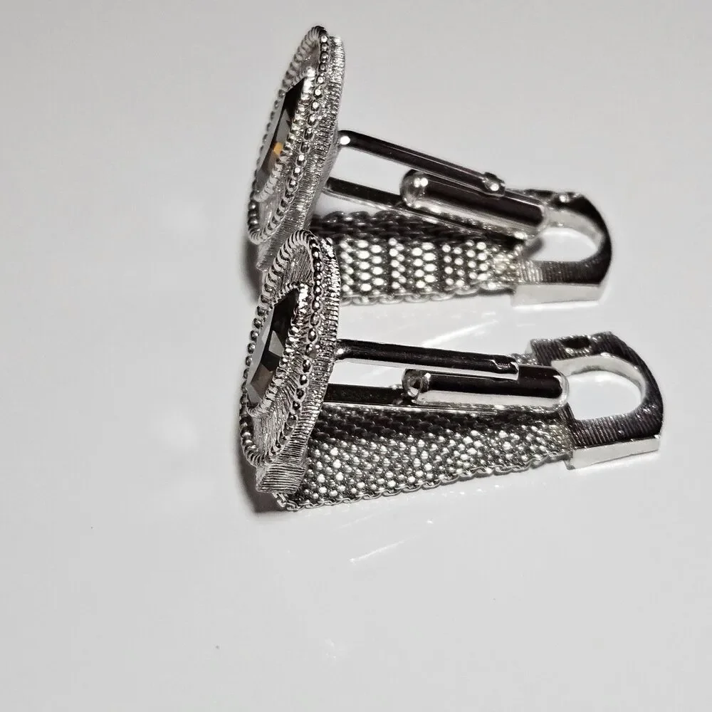 Vintage Swank Clear Marquise Shape Rhine Wrap Around Mesh Silver Tone Cuff Links